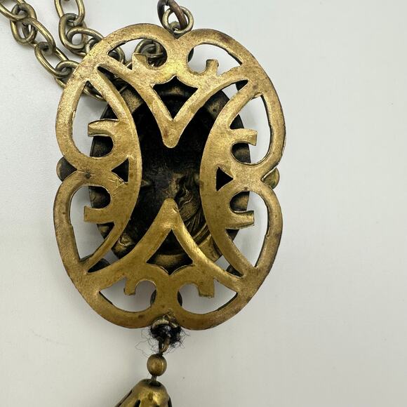 Antique Art Deco 1920s brass multicolor glass cameo tassel pendant necklace - Picture 8 of 10